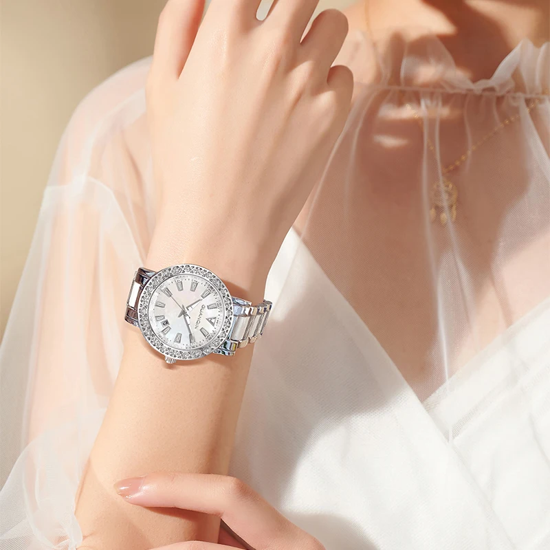 GUANQIN Luxury Quartz Watch for Women Mother-of-Pearl Dial Stainless Steel Case Calendar 30M Waterproof Luminous Lady Watches