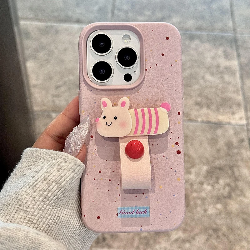 Korean Cute 3D Dog Cat Rabbit Finger Ring Support Phone Case For iPhone 16 15 14 13 11 12 Pro Max Plus X XS Holder Stand Cover image 3