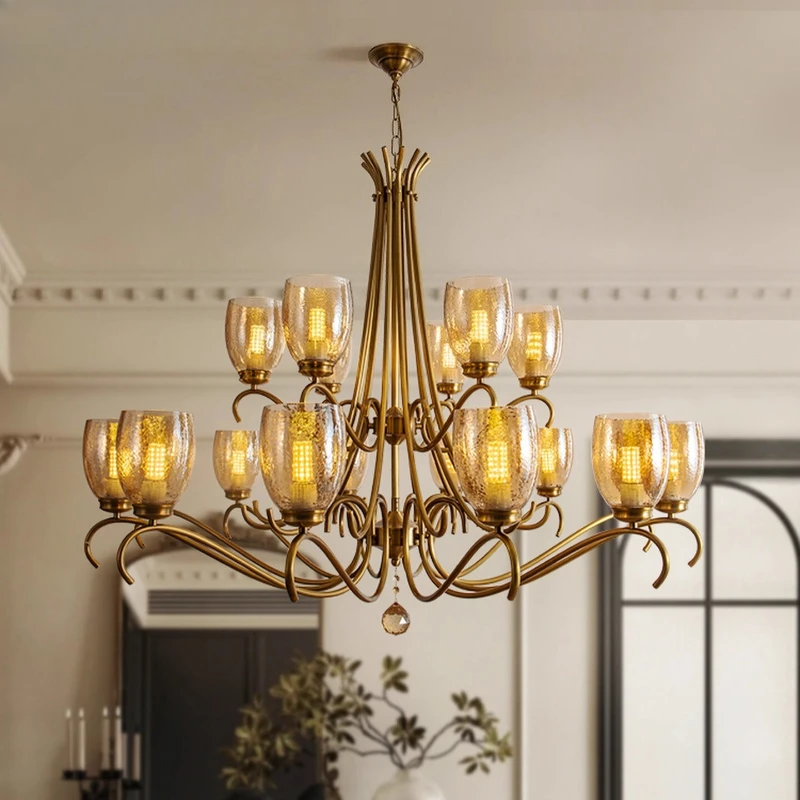 

American All Copper Ceiling Chandeliers Amber Crack Glass Pendant Light Retro Living Room Bedroom Restaurant Hotel Hanging Lamps
