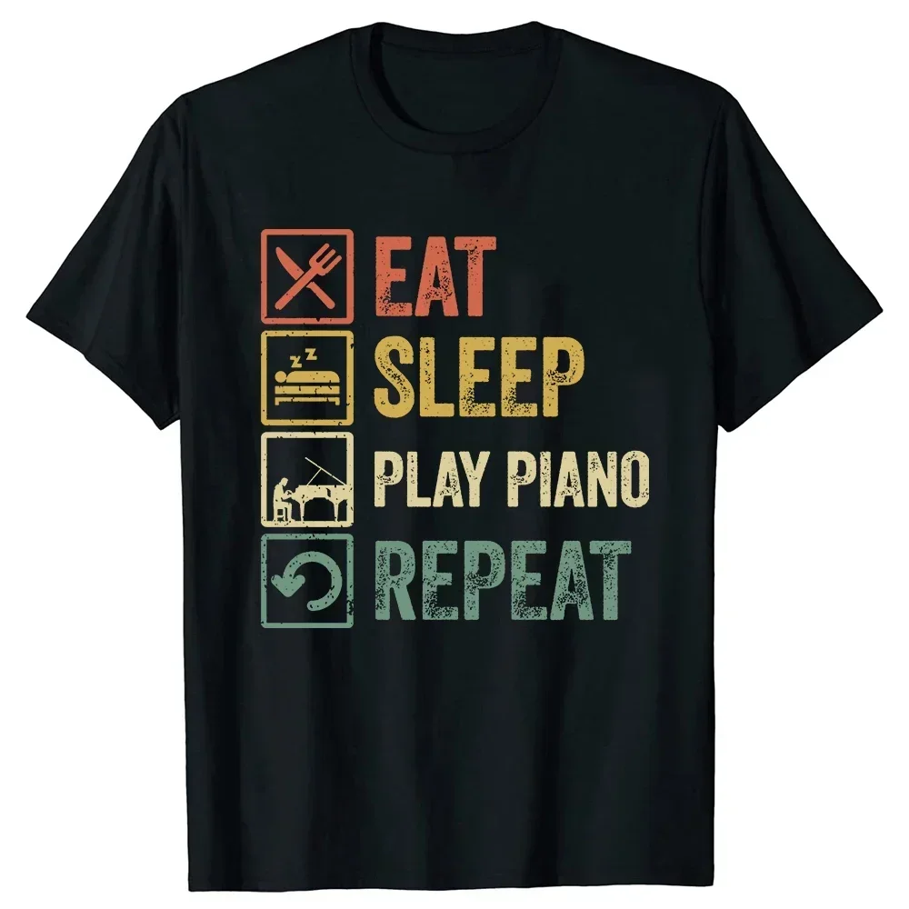 Interesting eat sleep piano clothing keyboard music player Street wear short sleeve pianist gift T-shirt clothing trend