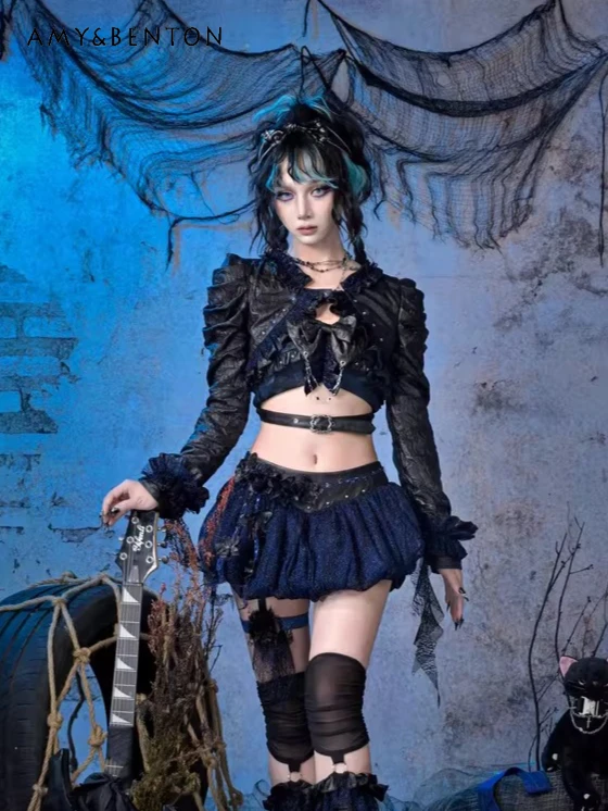 

Subculture Y2K Hot Girl Rock Style Ruffled V-Neck Flared Sleeve Short Jacket Women Gothic Punk Style Patchwork Color PU Jackets