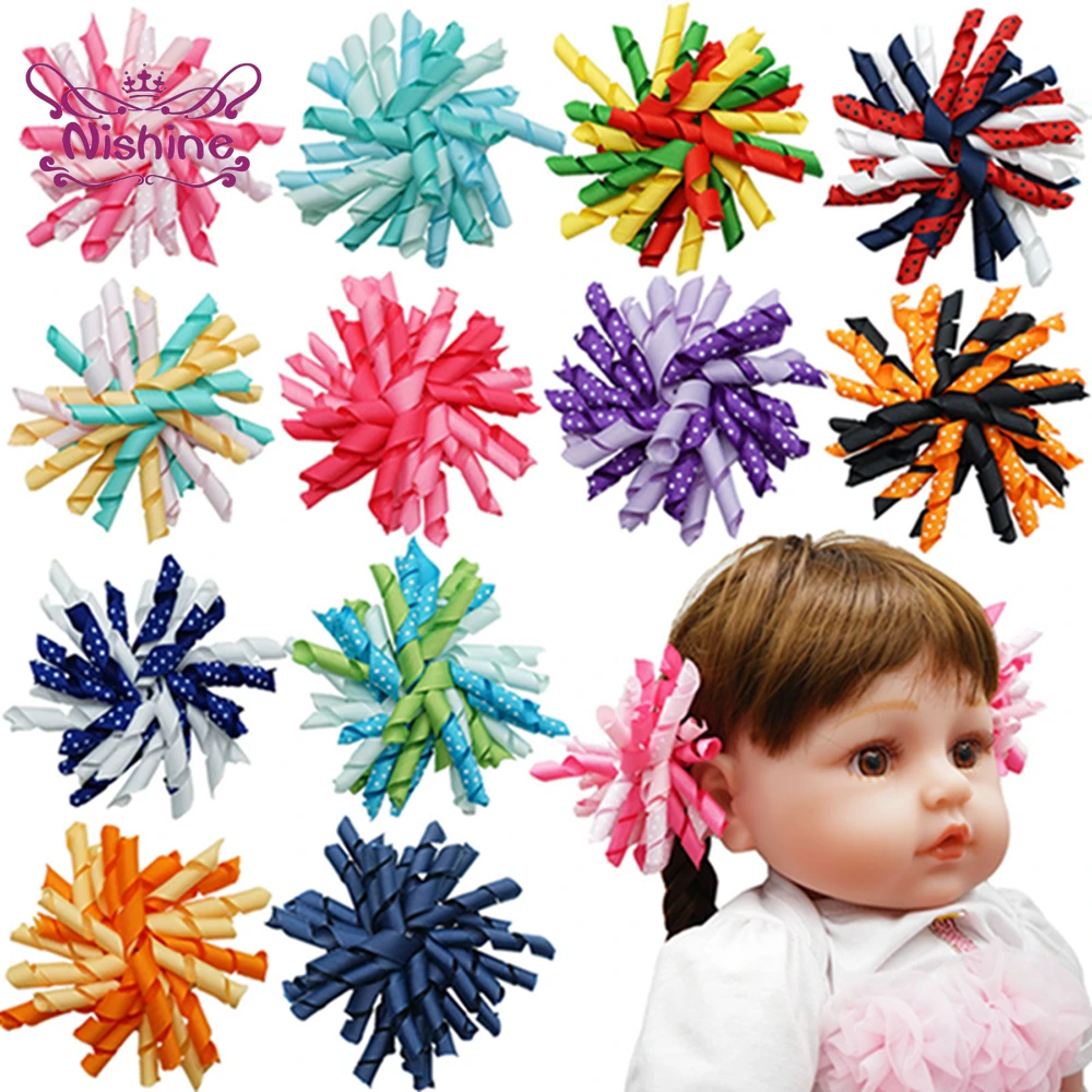 

Nishine 4inches Curly Grosgrain Ribbon Baby Girls Hair Bands Fashion Wave Point Rainbow Infant rubber bands Headwear Gifts