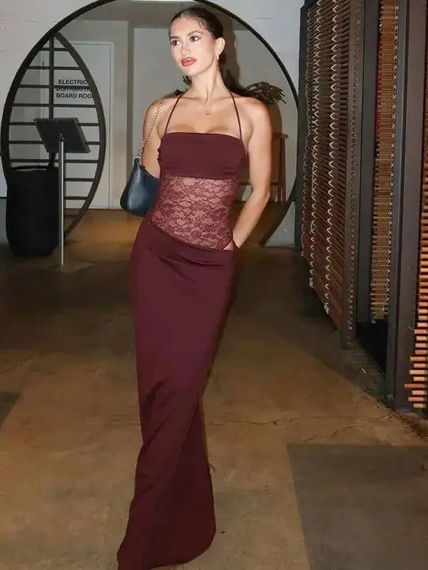 

Весеннее кружевное длинное платье, женское однотонное прозрачное длинное платье на бретельках с открытой спиной, сексуальные винтажные платья с высокой талией