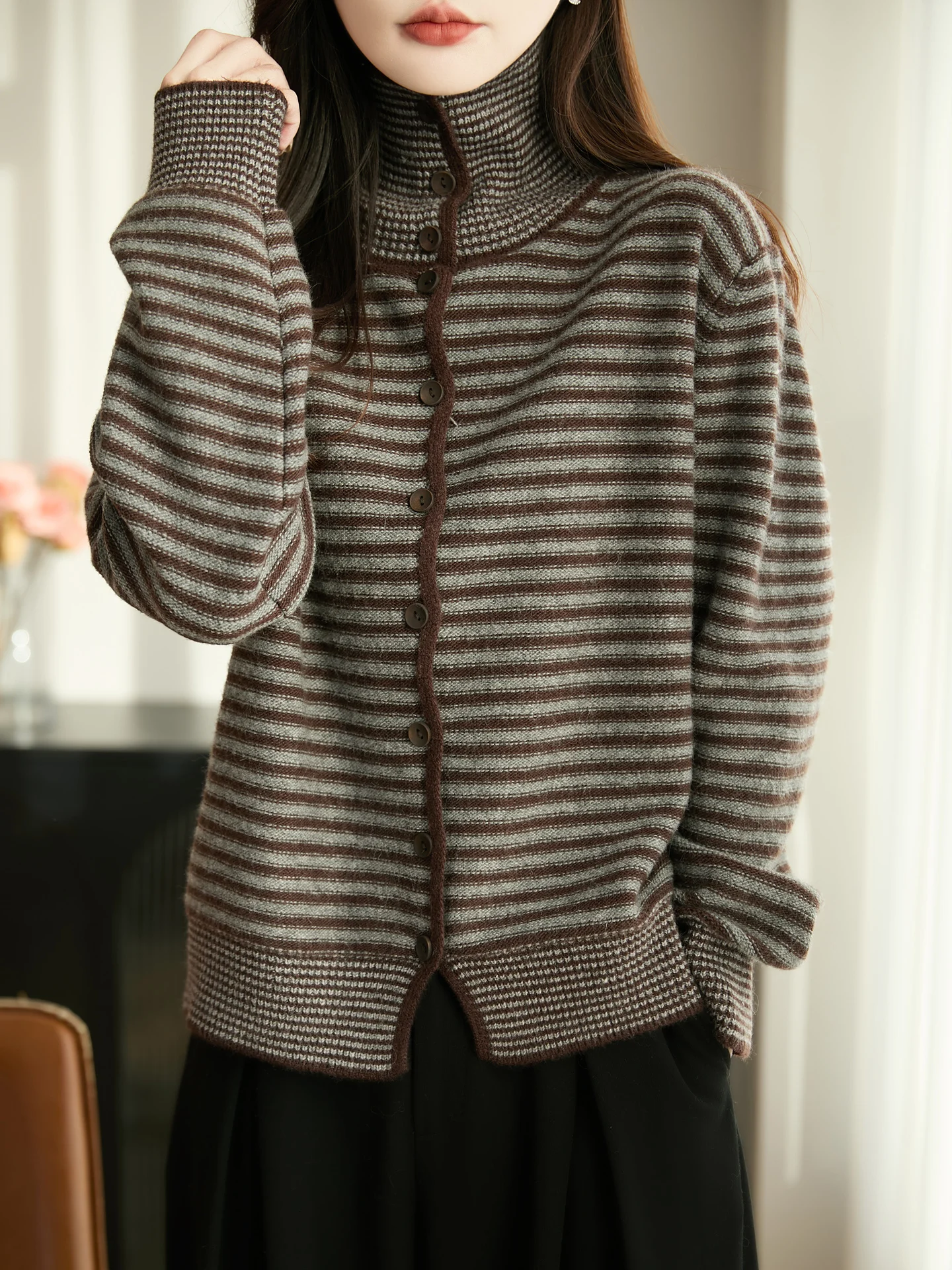 جديد المرأة 30% ميرينو رداء علوي من الصوف فضفاض الخريف الشتاء الإناث محبوك الياقة المدورة سترة سيدة جيرسي ملابس طويلة الأكمام بلايز #3