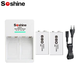 Soshine 2PC 9V 6F22 680mAh Rechargeable Battery and 2 Slots Smart EU Battery Charger LiFePO4 Li-ion Ni-MH Batteries Charger Toy