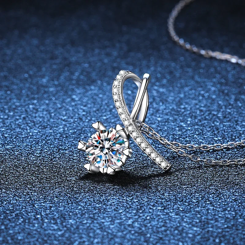 S925 Sterling Silver Mosang Diamond Pendant Women's Bow Necklace Silver D One Carat Wedding Jewelry Wholesale