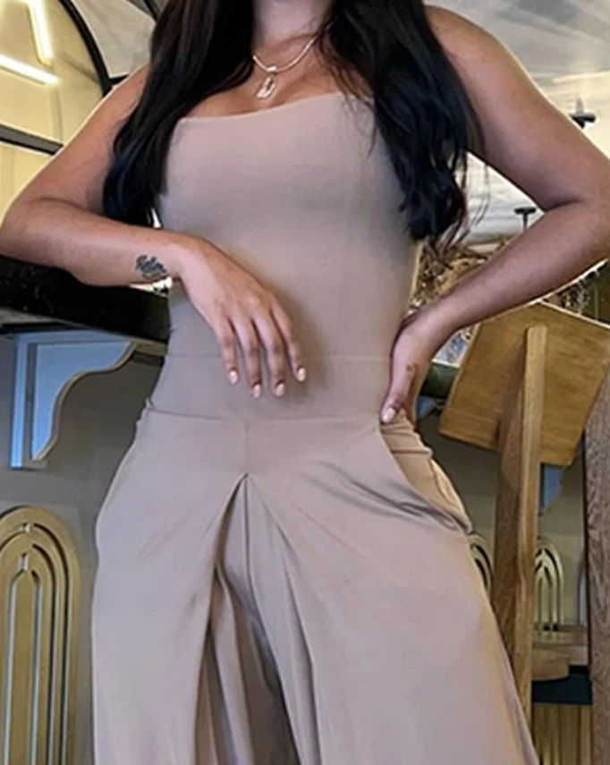 Sexy Elegant New Fashion 2024 Summer Casual Long Jumpsuits Bandeau Pocket Design Wide Leg Jumpsuit Women's Clothing Sales