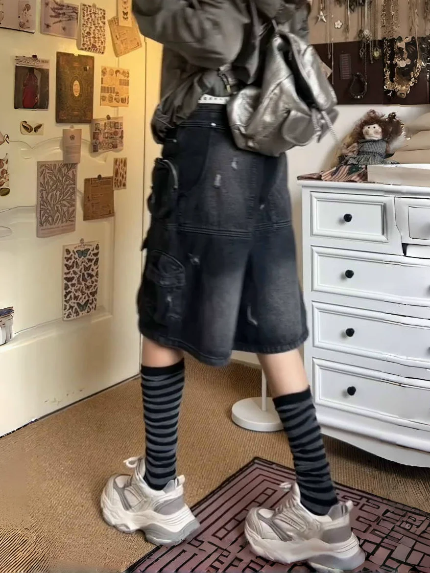 2025 American Street, übergroße, gewaschene Vintage-Jeansshorts mit mehreren Taschen für Damen, Arbeitskleidung, hohe Taille, gerades Bein
