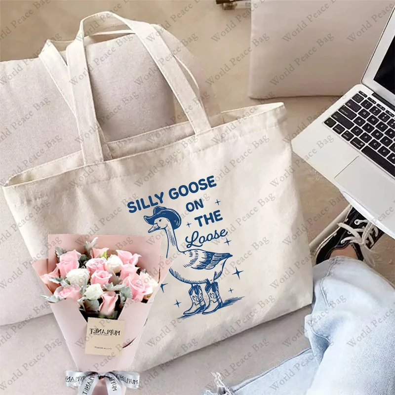 1 pc Silly Goose On The Loose pattern Tote Bag Canvas Shoulder Bag For Travel Daily Commute Women\'s Reusable Shopping Bag