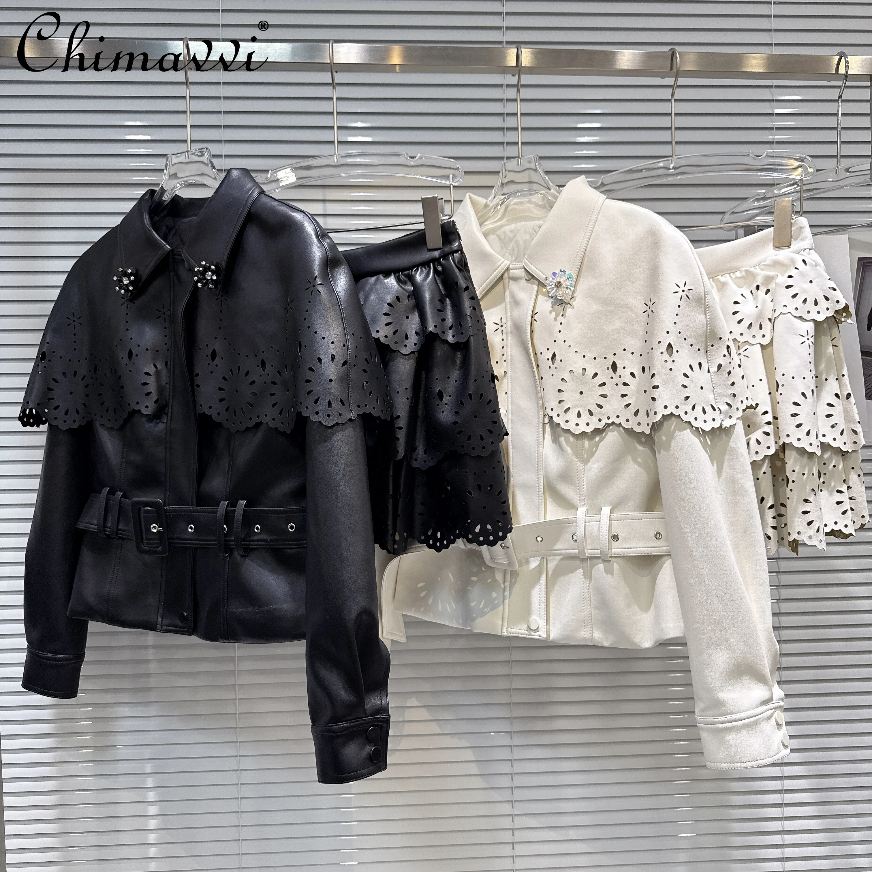 

French Elegant Fashion Socialite Hollow Out Spliced Shawl Quilted PU Jacket High Waist Cake Skirt Two-Piece Set for Women Autumn