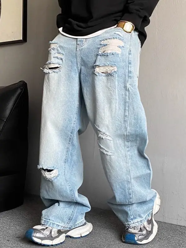 

Мужские летние джинсы Extra Large 300 Pou с рваным дизайном, прямые, свободные, струящиеся, премиум-класса, повседневные, в американском стиле