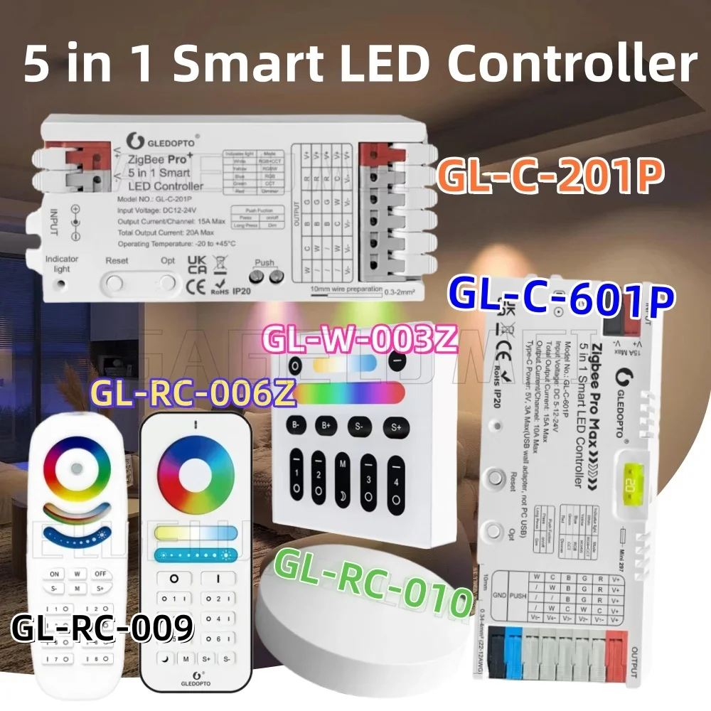 

5 in 1 LED Controller Pro Max ZigBee 3.0 Dimmer RGB CCT RGBCCT RGBW Color White Light Mix 20A Pluggable Fuse App Voice GLEDOPTO