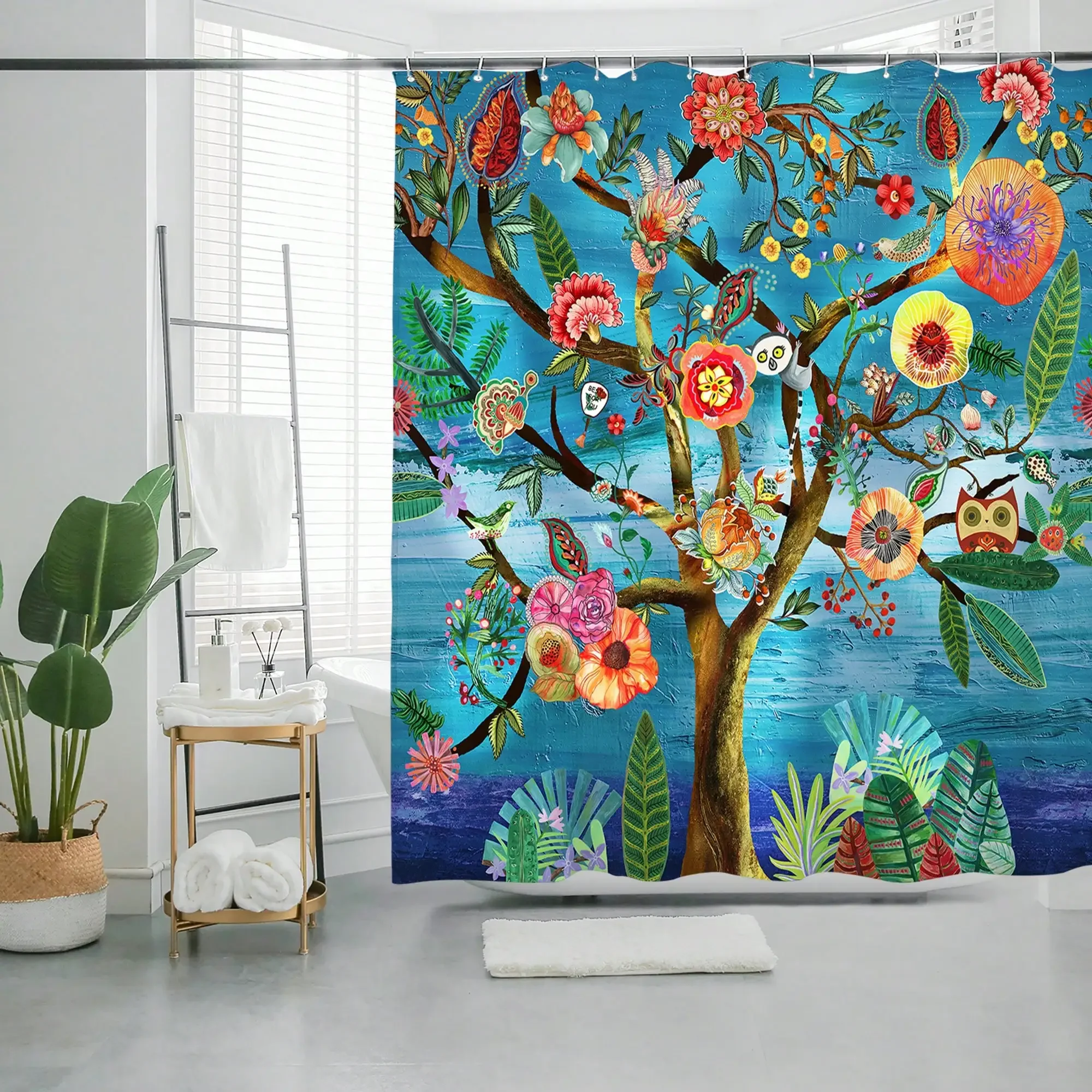 Vibrant Tropical Floral Tree Shower Curtain Bathroom Decor Jungle Botanical Rainforest Shower Curtain Waterproof