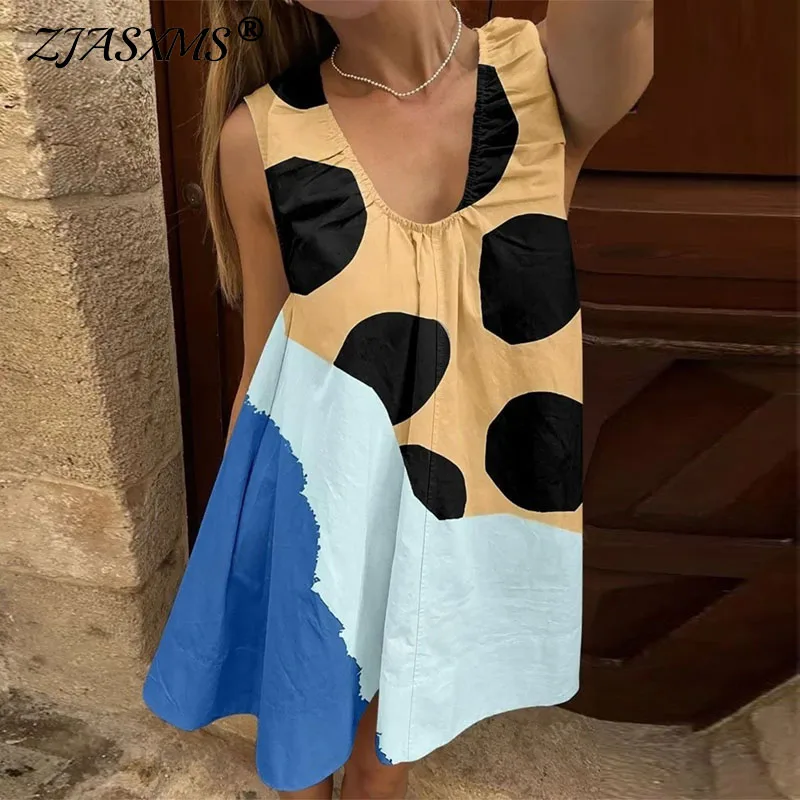 Summer Sleeveless Dot Print Boho Woman Dress New Casual Contrast Color A-Line Long Dress Elegant Loose Simple U Neck Beach Dress