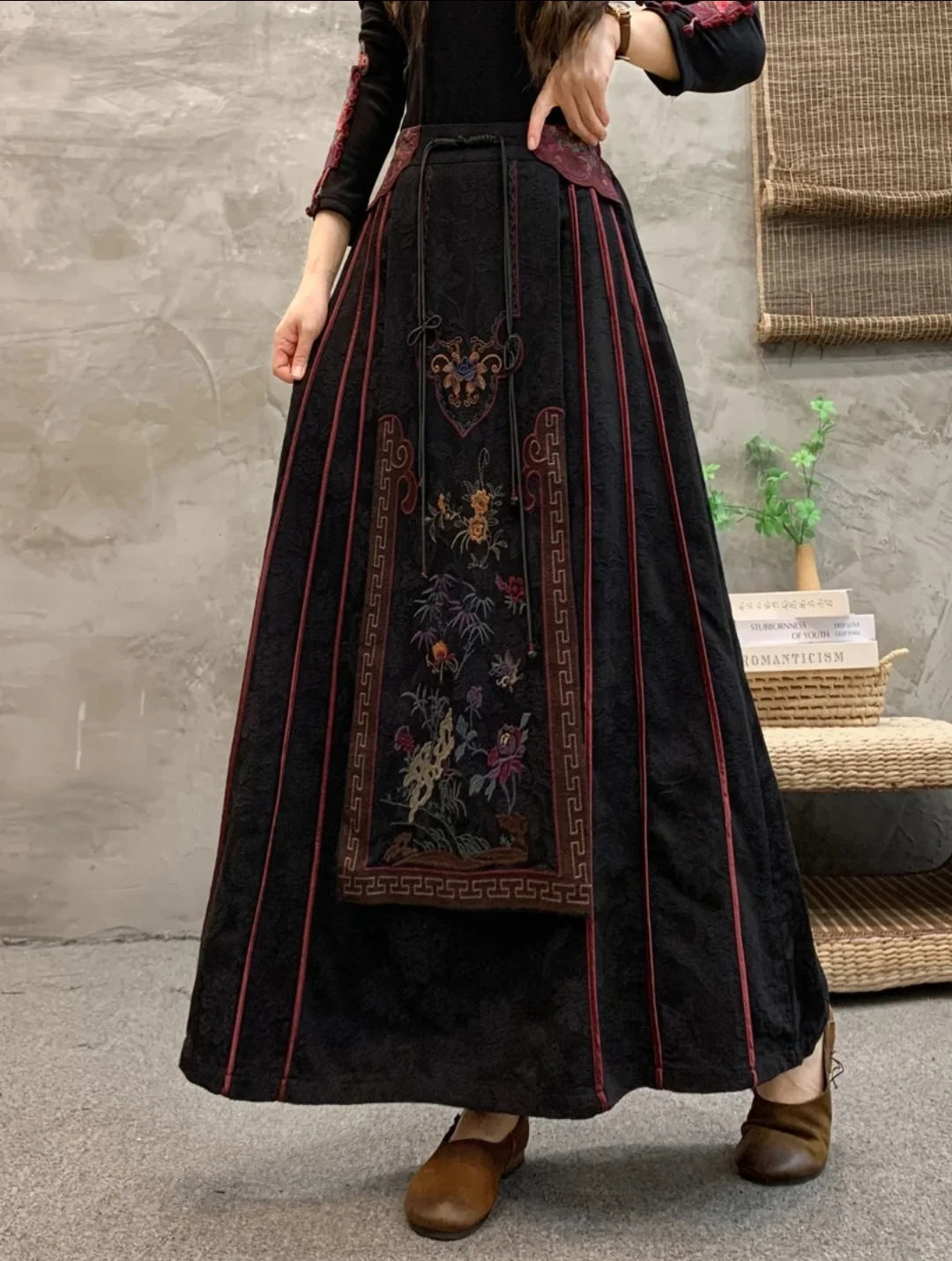 On Sale Winter skirt Vintage cotton linen Black long skirt Embroidery jacquard weave Women skirt Elastic waist