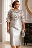 Vestidos midi de talla grande para madre de la novia, color plateado, cuello redondo, manga 3/4, transparentes, con purpurina dividida