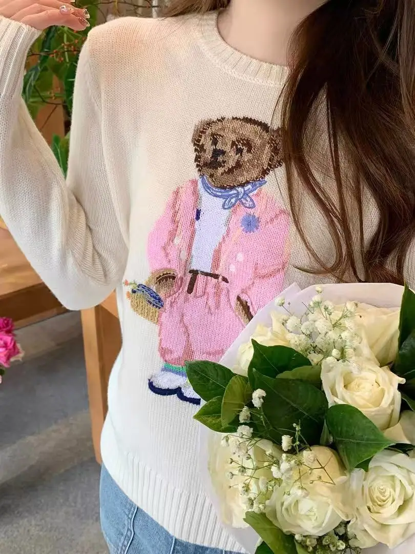 

Women's Knitted Sweater, Teddy Bear Embroidered Top, Round Neck Long Sleeved College Style Simple And Versatile Pullover