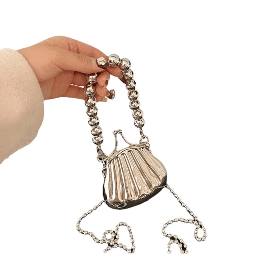 

Portable Korean Style Crossbody Shell Bag Silver Pearl Chain Mini Banquet Chain Bag Elegant Luxury Lipstick Storage Bag Party