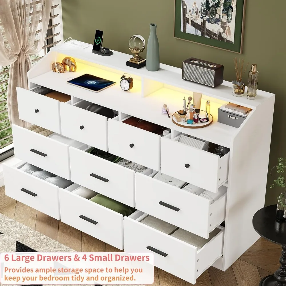 خزانة ملابس مقاس 55 بوصة ذات 10 أدراج مع قاعدة شحن وإضاءة LED - خزانة تخزين خشبية للمزرعة لغرفة النوم والمدخل والمكتب - S