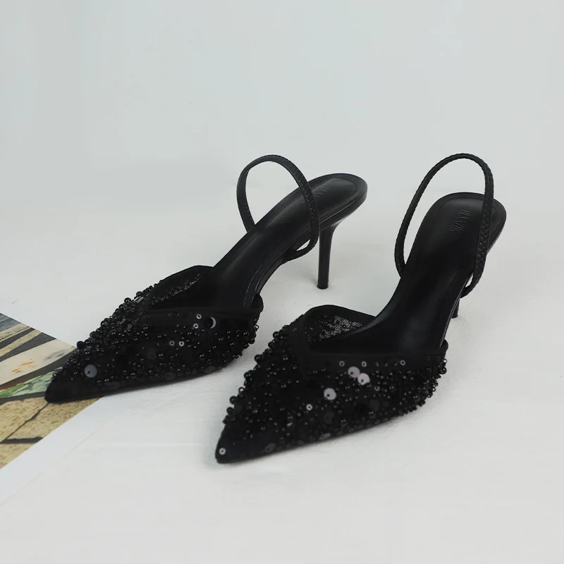 

2025 Summer High Heels Women Shoes Bright Sequin Mesh Vintage Party Slingbacks Luxury Designer Stilettos Summer Sandals for Lady