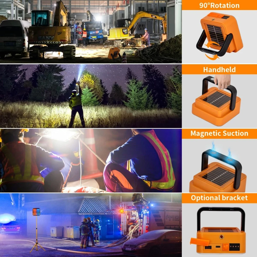 Portable Rechargeable LED Work Light Solar Magnetic Flood Light Sos Power Bank Function for Camping Job site Lighting, Emergency