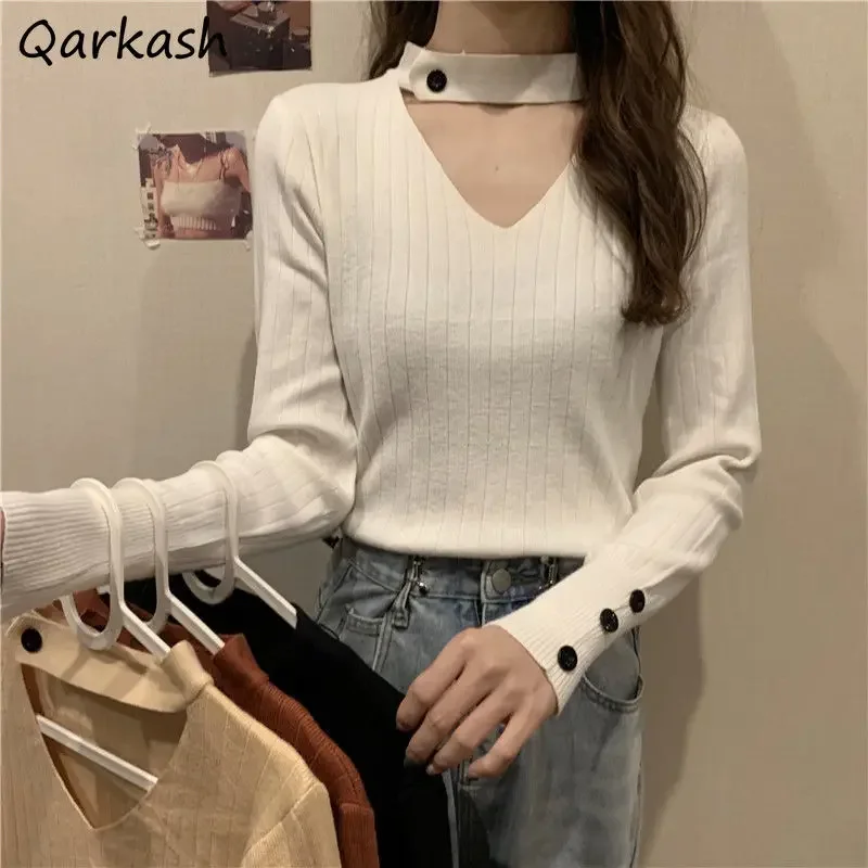 

Pullovers Women Sweater Casual Slim Elegant Halter All-match Simple Mujer Ropa New Spring Jumpers Soft Stretchy Harajuku Preppy
