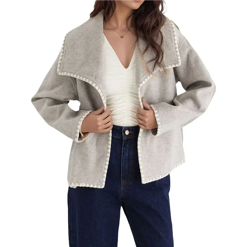 Vintage Jacket For Women's Elegant Double Breasted Long Sleeve Cropped Dressy Casual Light Gray S Eco-Friendly