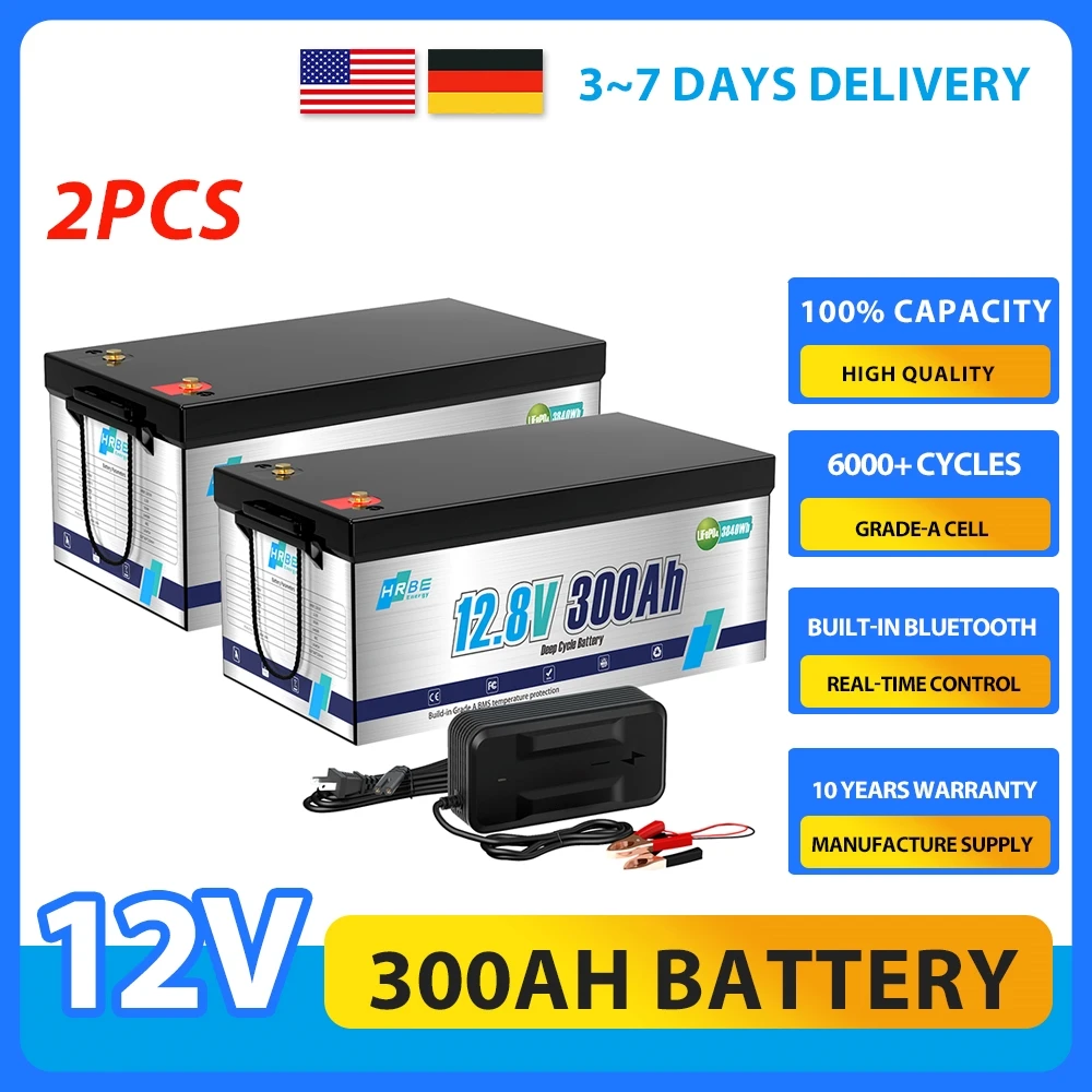 

12V 300Ah LiFePO4 Battery Deep Cycle Rechargeable Lithium Battery Built-in BMS Ideal for Home Energy Storage Backup Power 2 Pack