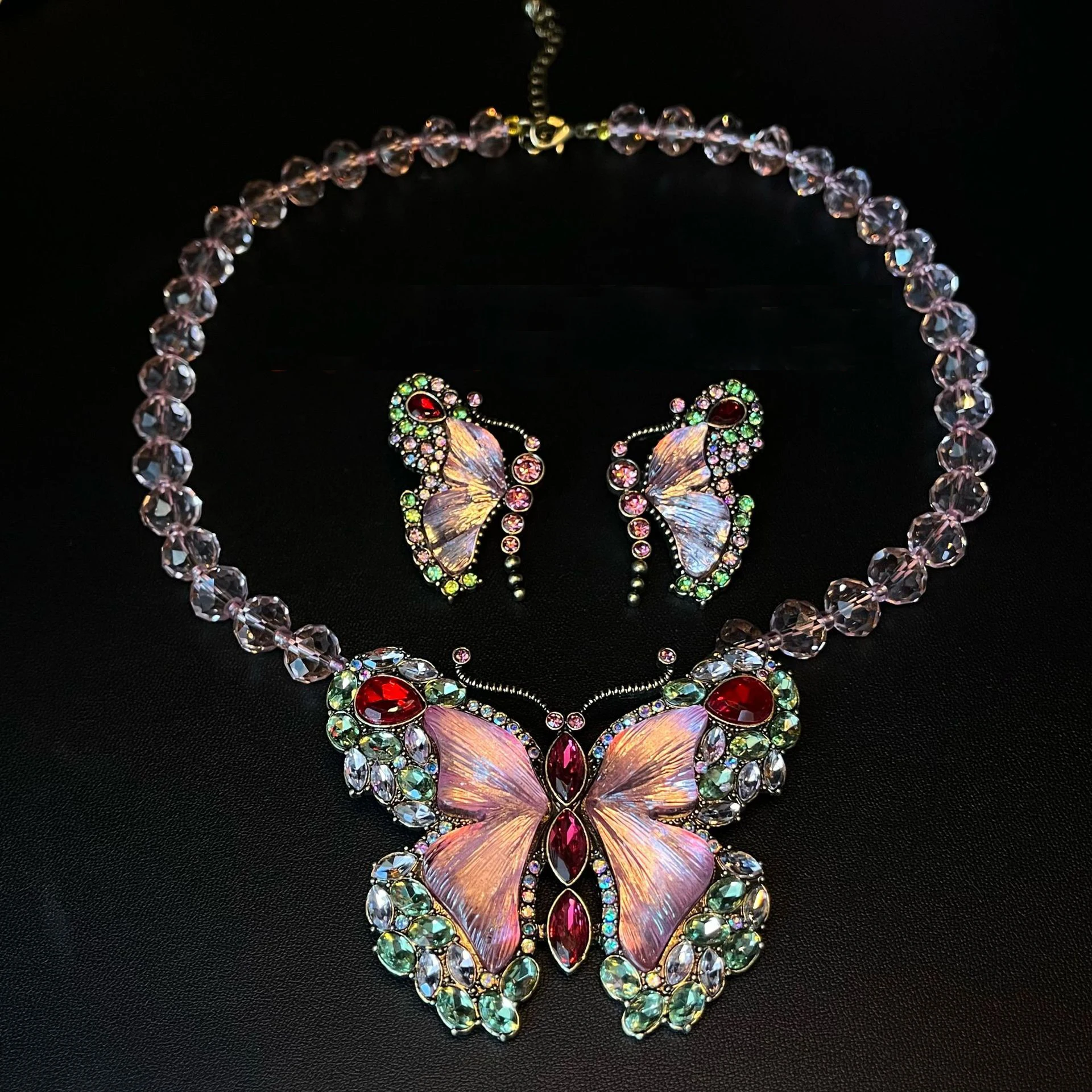 Vintage Butterfly Jewelry Set Colorful Rhinestone Earrings Glass Beads Necklace Sweet Cute Retro Accessories For Women Gift