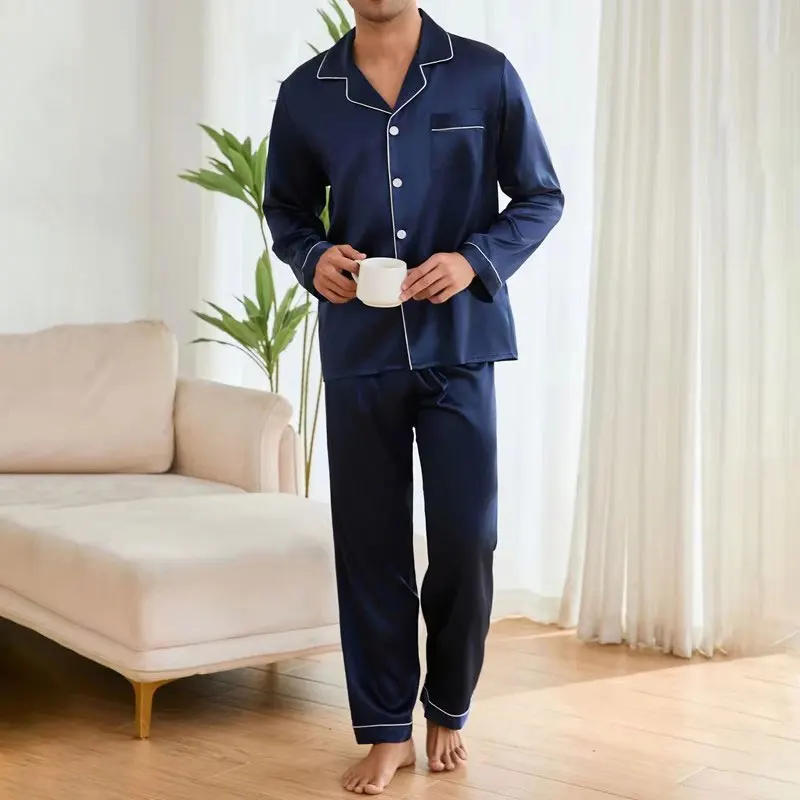 Men\'s Satin Pajama Set Linter Lapel Collar Long Sleeve Tops & Pants Sleepwear Button Down Loungewear Christmas Pyjama For Man