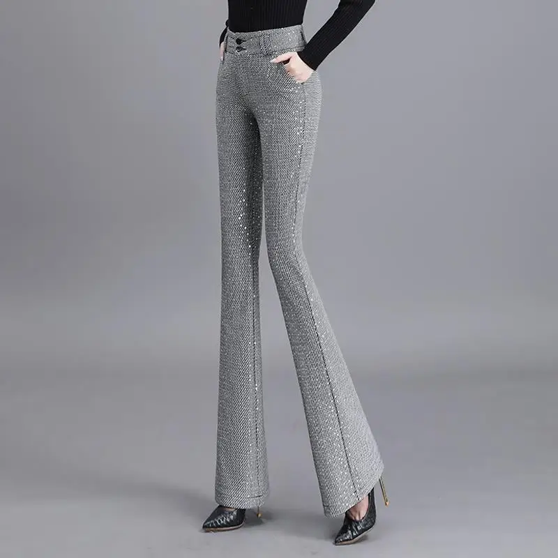 Pantalones de primavera y otoño para Mujer, Pantalón recto de cintura alta, con campana, J03, 2024