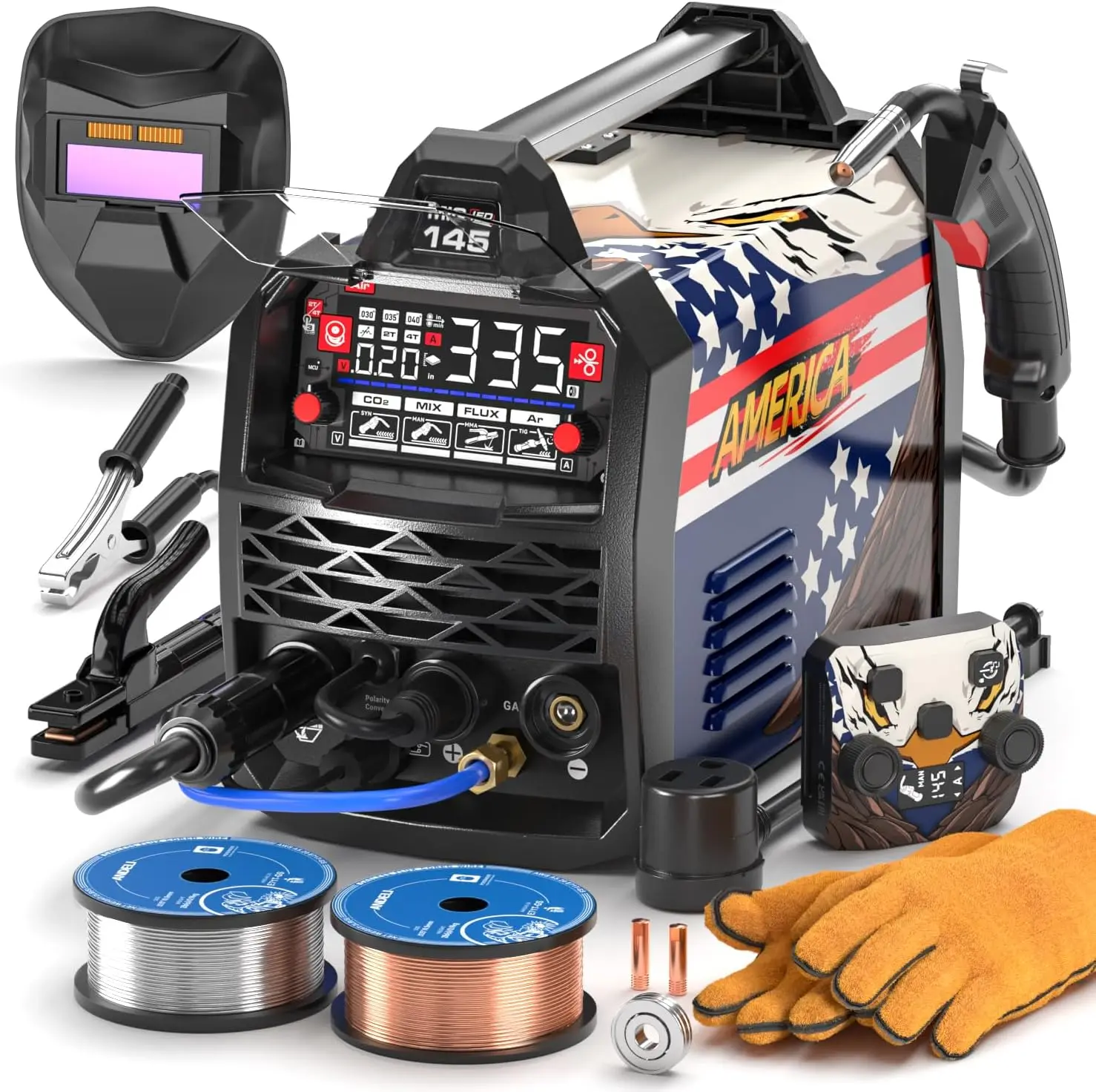 4-in-1 MIG Welder, 145A, Dual Voltage 110V/220V, Includes 2.4GHz Wireless Remote