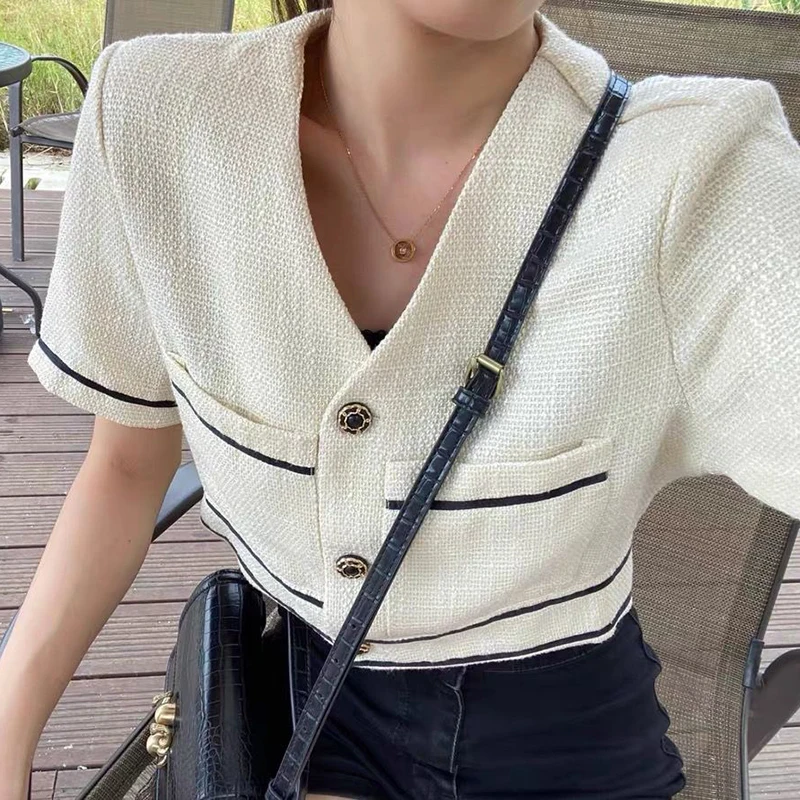 Korean Elegant Short Sleeve Jacket Women Spring Summer Vintage Short Coat Outerwear Crop Top Chaquetas Mujer