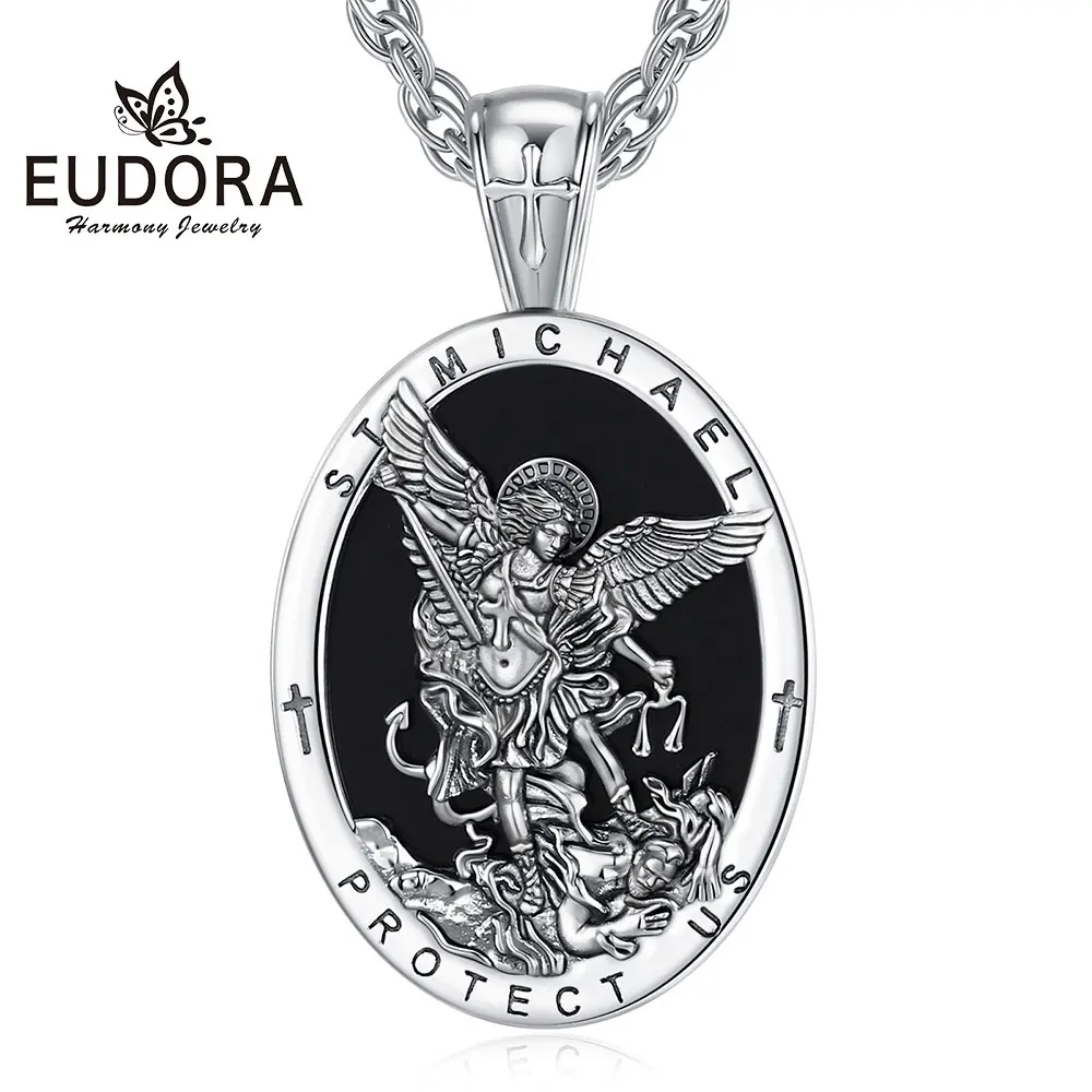 Eudora Copper Saint Michael Archangel Necklace Obsidian Amulet Cross Pendant Religious Jewelry Festival Gift for Men Woman