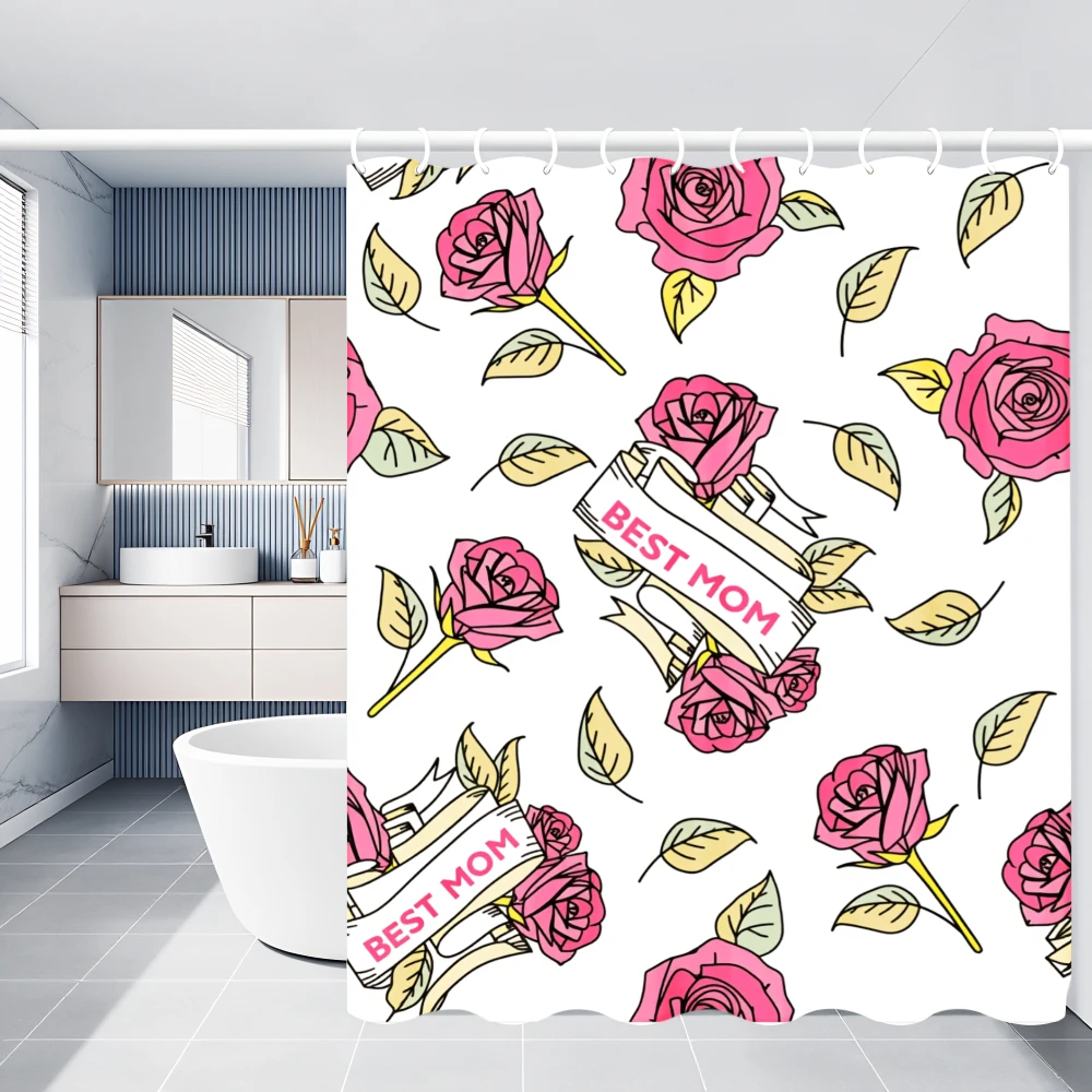 

Best Mom Shower Curtain, Pink Rose & Floral Print, Mother's Day Bathroom Decor, Waterproof Fabric, Modern Home Decor