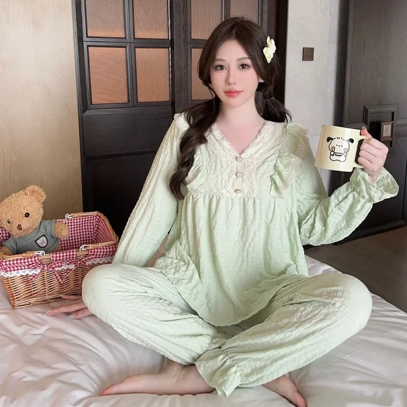 Plus Size Women Comfortable Pajamas Spring Sweet Homewear Clound Cotton Long Sleeve Trouser Set Sleepwear Can Be Worn Outside