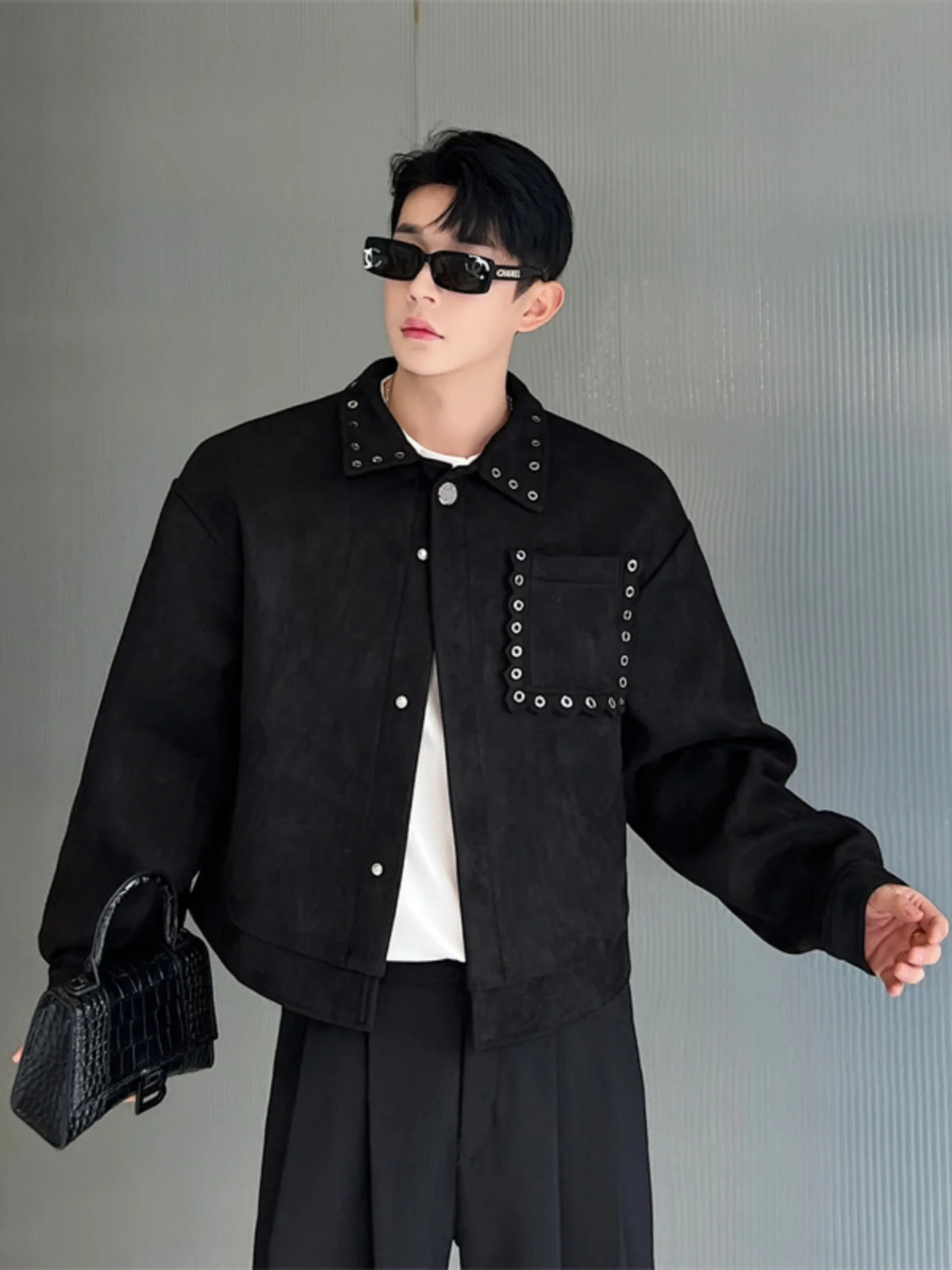 

Мужская кожаная куртка свободного кроя в корейском стиле с заклепками, осенне-зимняя, для молодежи, с воротником-стойкой