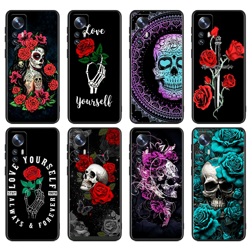 

Roses Skull Art Cool For Xiaomi Mi 13T 13 12T 12 11T 11i 11 A3 10T 10 9 Pro Lite Ultra 5G Black TPU Phone Case