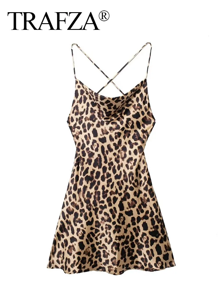 TRAFZA 2024 Women Chic Leopard Print Sling Mini Dress Elegant Woman Sexy Backless Lace-Up Dress Beach Party Dress Mujer Traf