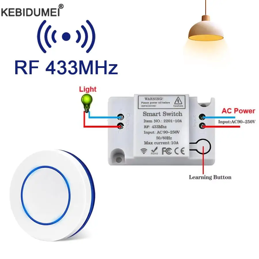Wireless RF 433MHz Remote Control Switch AC 110V 220V 10A Relay Receiver and Round Button Transmitter for Light Lamp Fan ON/OFF