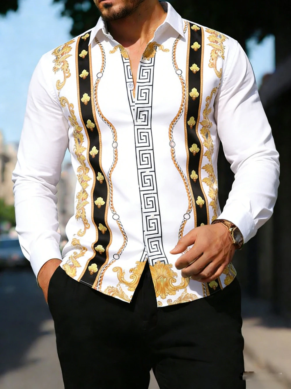 Men's Elastic Fabric Long Sleeve Shirt with Gold Chain Colorful Print White Shirt Hawaiian Resort Outdoor Wedding Men's Clothing