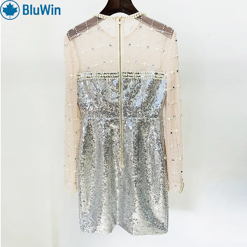 فستان BluWin الجديد المطرز بالترتر الشبكي للنساء بأكمام طويلة وقصة ضيقة وأنيقة للسهرات