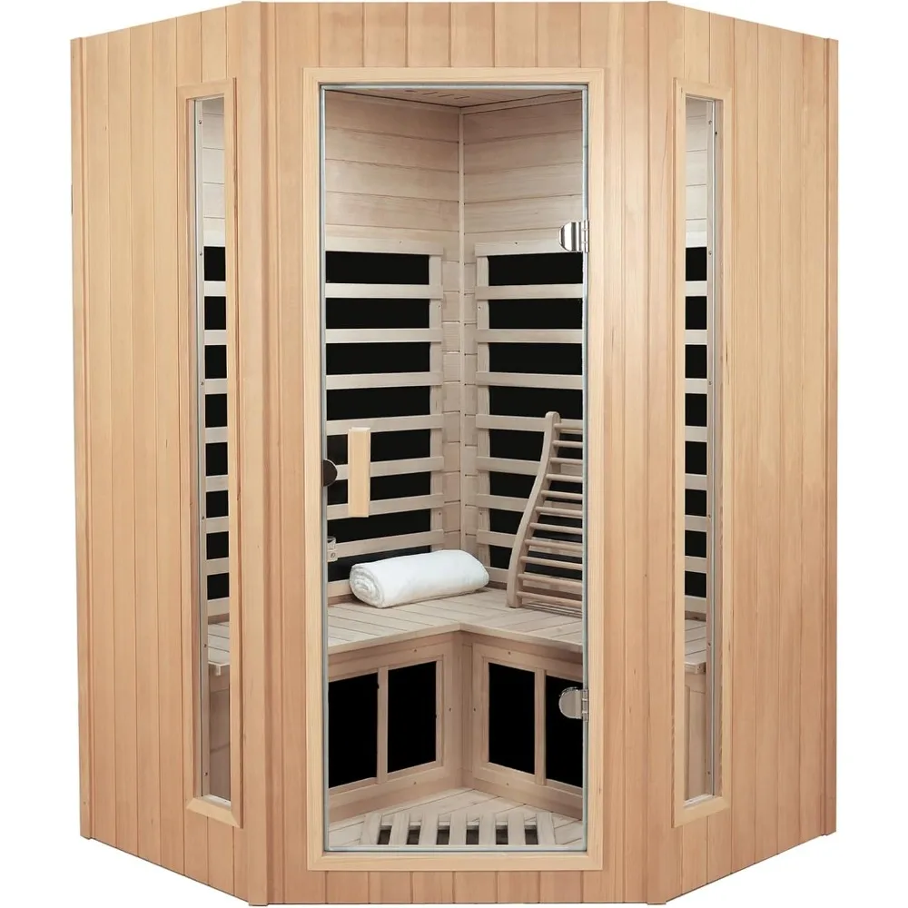 

2-3 Person Infrared Sauna, Far Infrared Saunas for Home Low EMF Indoor Home Sauna Spa, Hemlock Wooden Corner Sauna Room