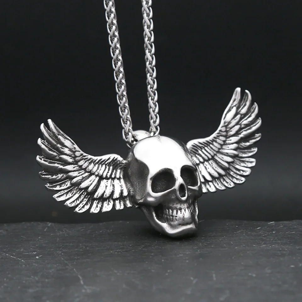 Gothic Mode Edelstahl Dominierenden Schädel Anhänger Halskette Mit Flügeln Punk Hip Hop Männliche Partei Schmuck Halloween Geschenke