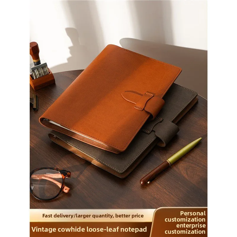 A5 Leather Loose Leaf Notebook Cover with Card Pocket, Refillable Business Notepad Shell, 100gsm Acid Free Paper, 80 Sheets