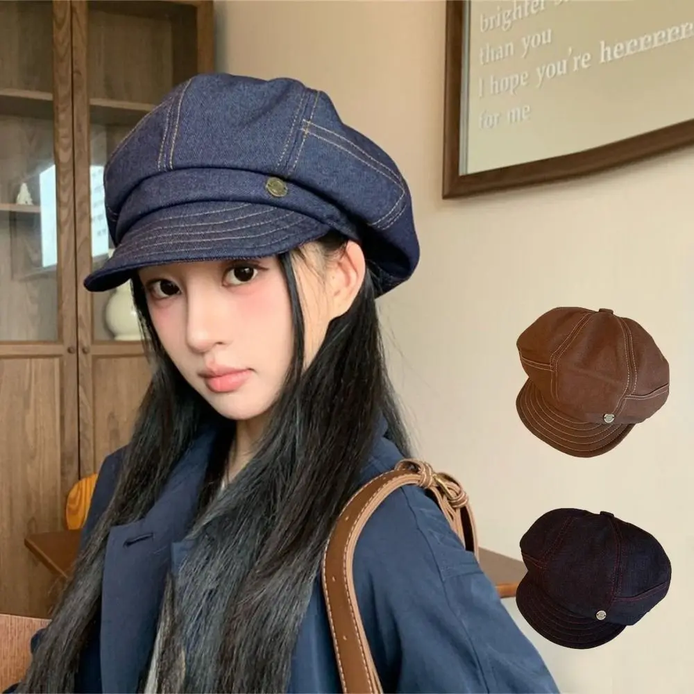 

Retro Korean Denim Beret Spring Autumn Newsboy Octagonal Hats Casual Versatile Painter Hat Men and Women