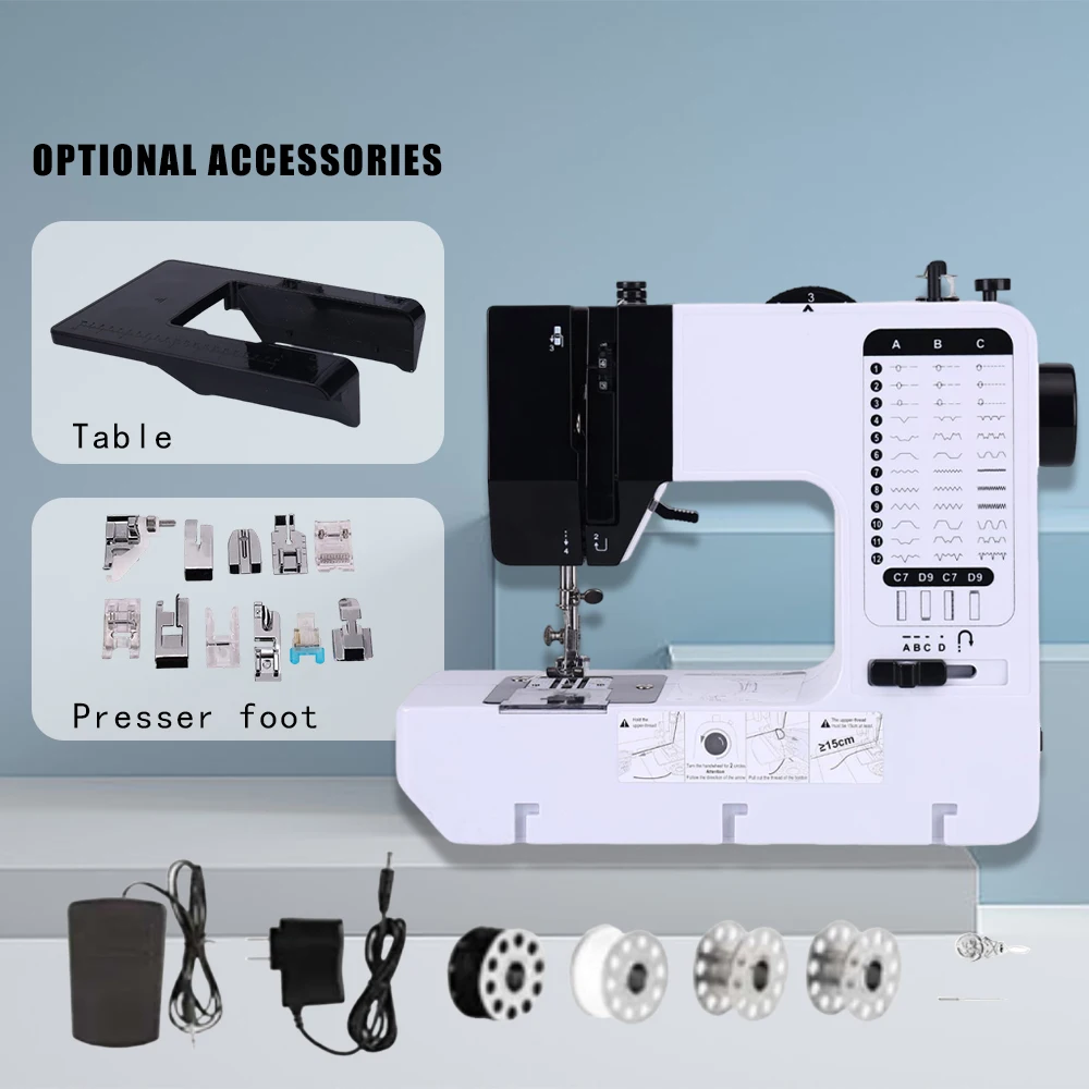 

Мини-швейная машина, портативная 38 стежков с намоткой, удобная сменная прижимная лапка, оверлок, кнопка запуска, электрическая педаль, светильник