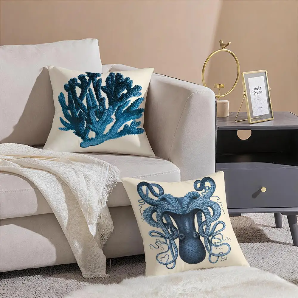 creature vivid Blue Sea Creature Coral Shrimp Cushion Cover Linen Pillow Case Soft Breathable Protective Couch Room Decoration