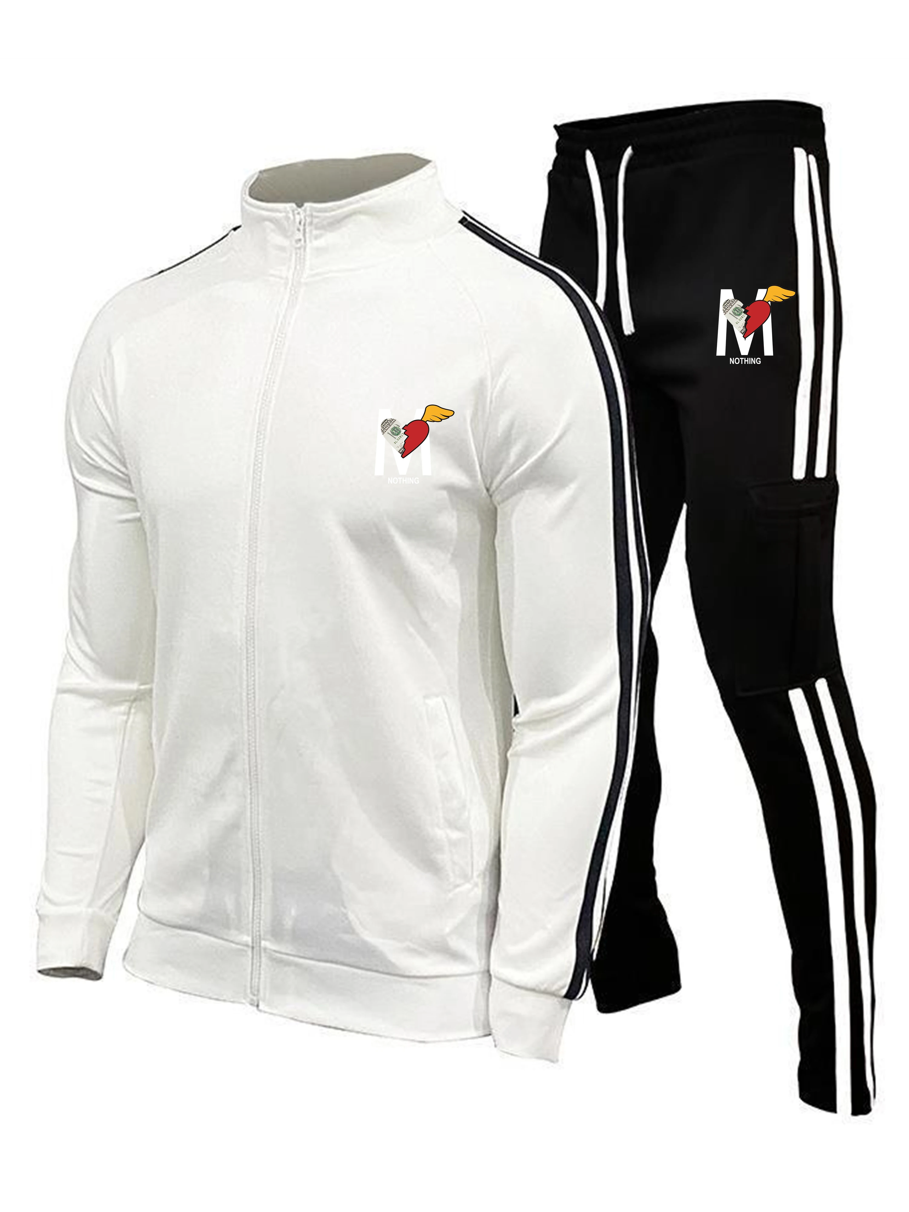 A simple long-sleeved and long pants set with printed solid color zipper and double-bar decoration for daily sportswear