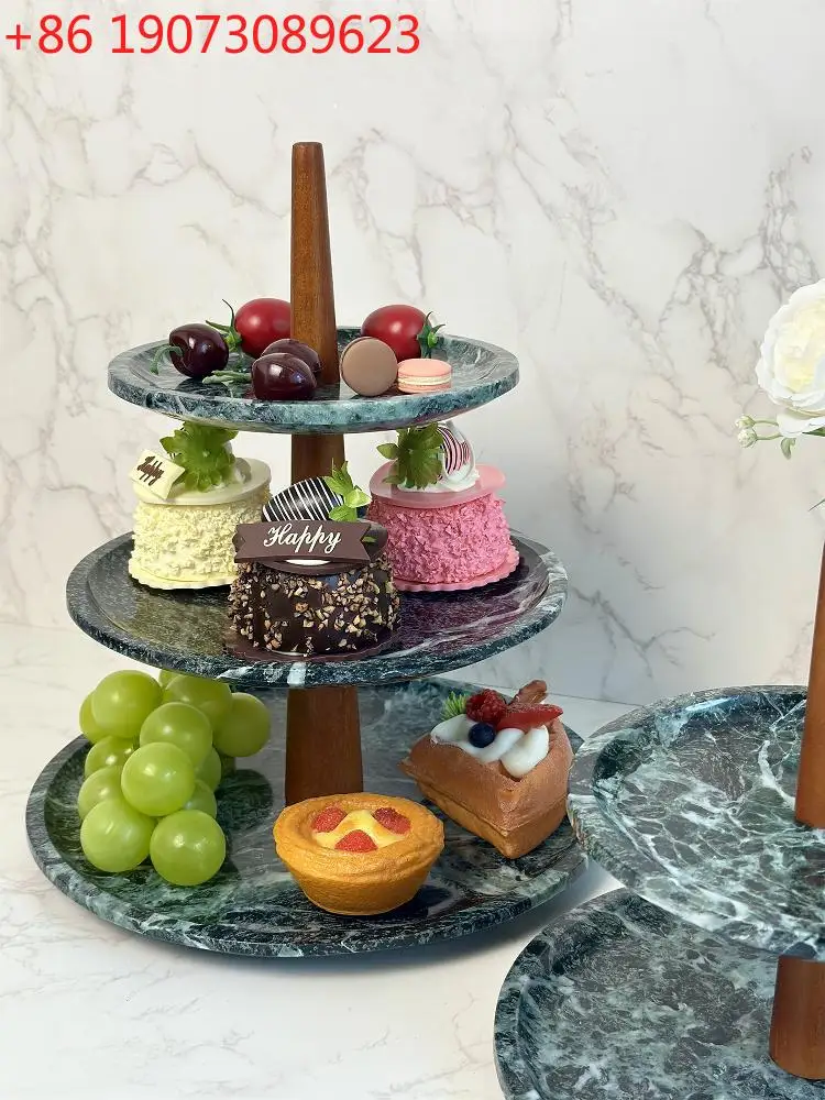 

Luxury Natural Marble Fruit Tray - Three-Tier Green Onyx Snack Stand W/ Non-